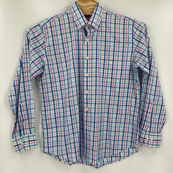 Peter Millar Large Blue Pink Green‎ Check Silk Blend Long Sleeve Button Up Shirt - Picture 4 of 5